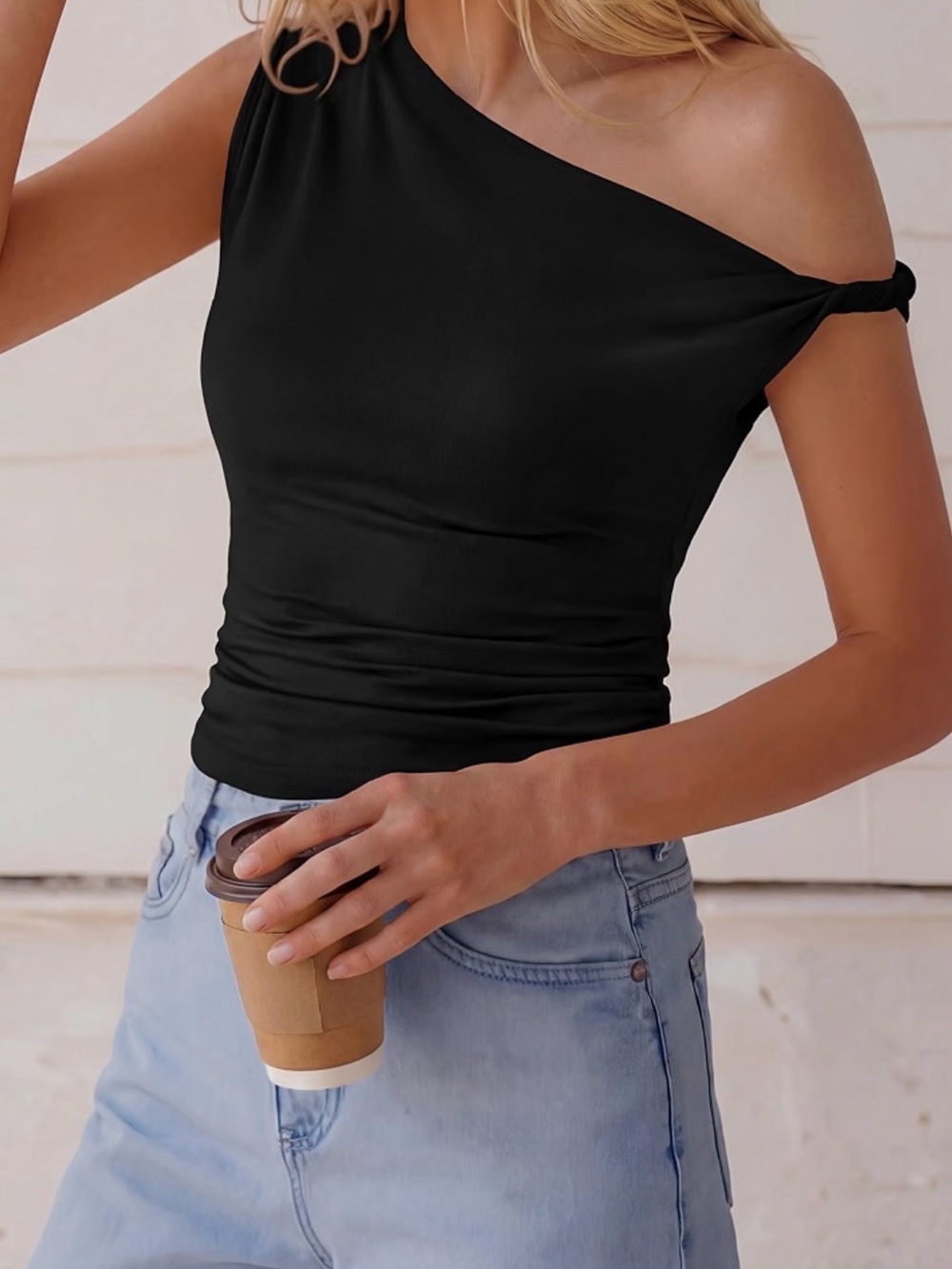 Women’s Off Shoulder Black Top - Sleek Asymmetric Tank Style, sz Large